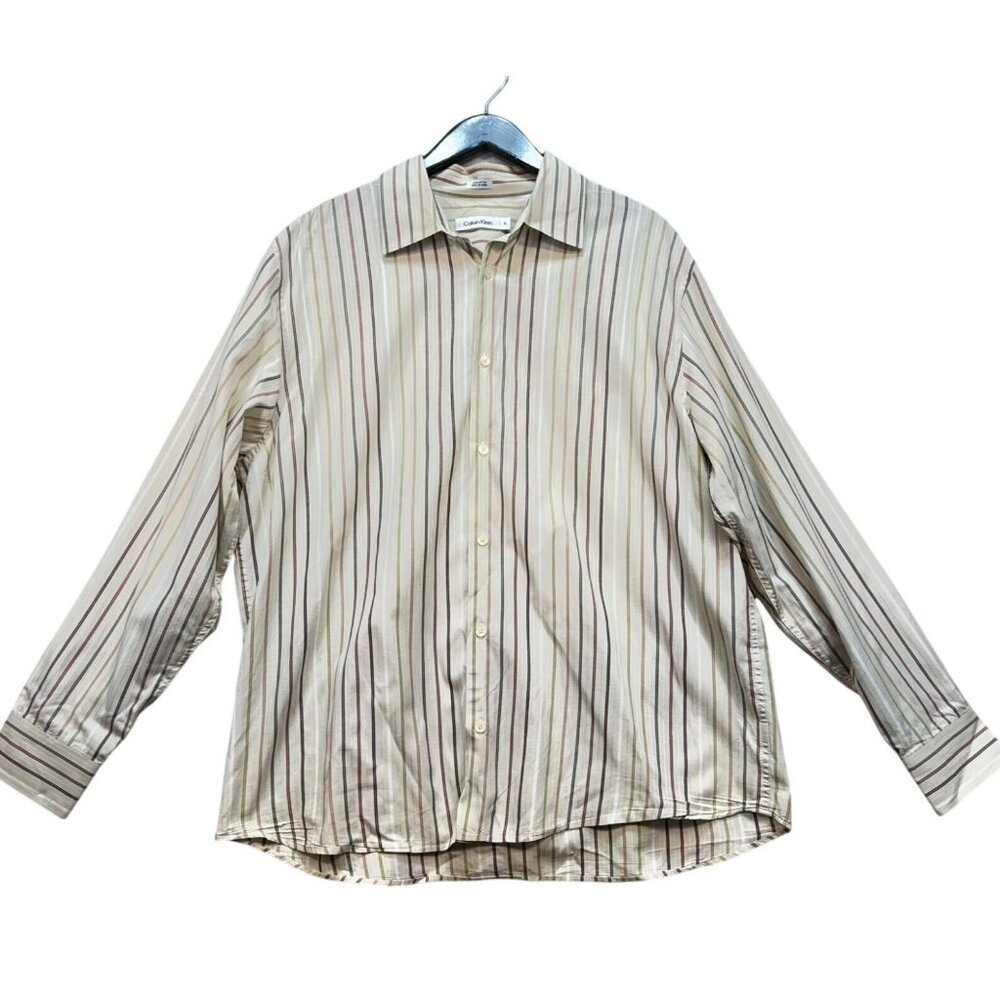 Calvin Klein Mens Striped Long-Sleeve Button-Up Shirt XL Beige/Red/Green
